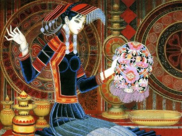 中国 Painting - 伝統的な中国の裁縫をしている女の子 Wang Cunde